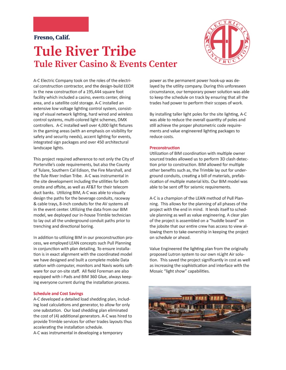 Tule River Casino & Events Center Case Study A C Electric Company Page 1 Tule River Casino & Events Center