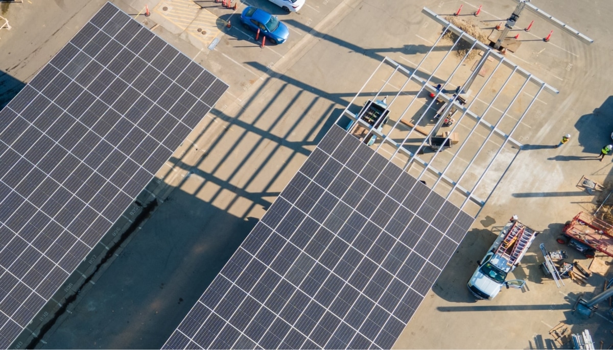 Overhead view of commercial solar panel installation