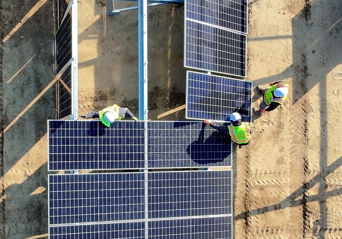 careers growth Aerial view of solar panel installation